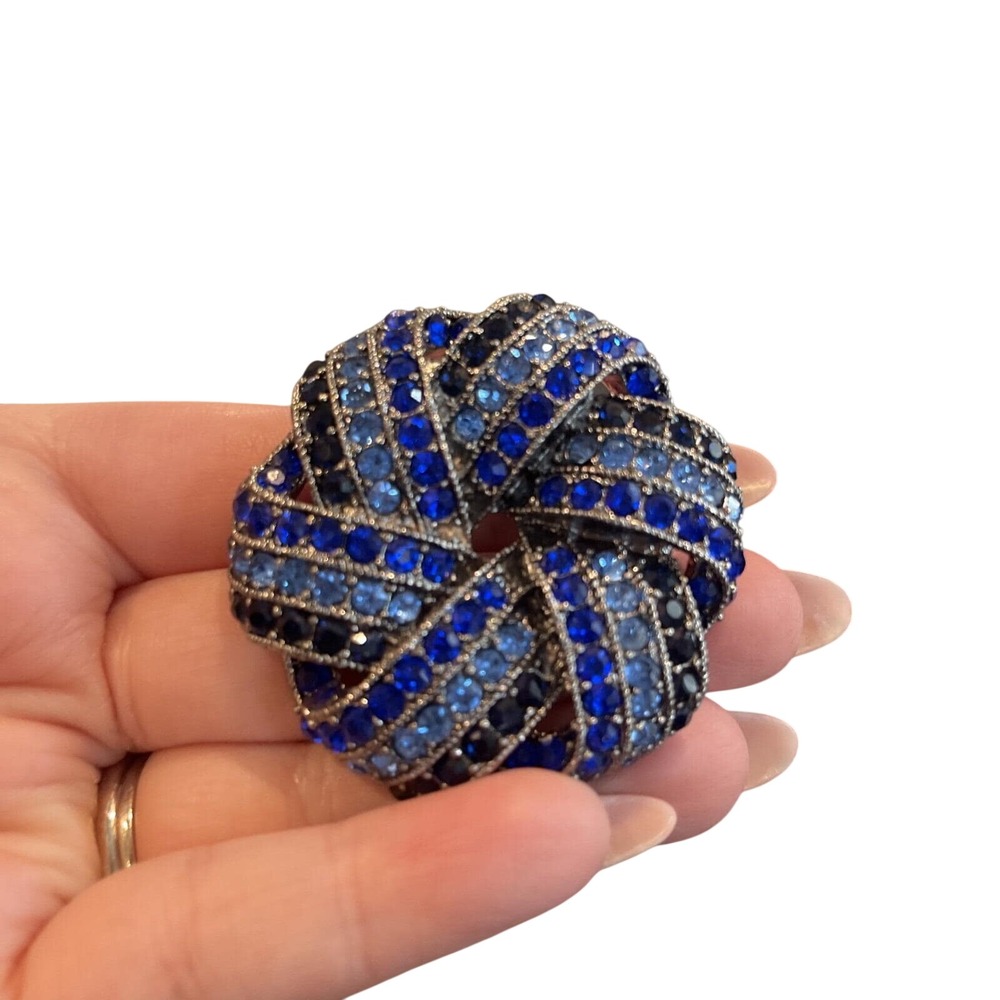 Flower Blue Rhinestone MONET Vintage Silver Brooch Pin
